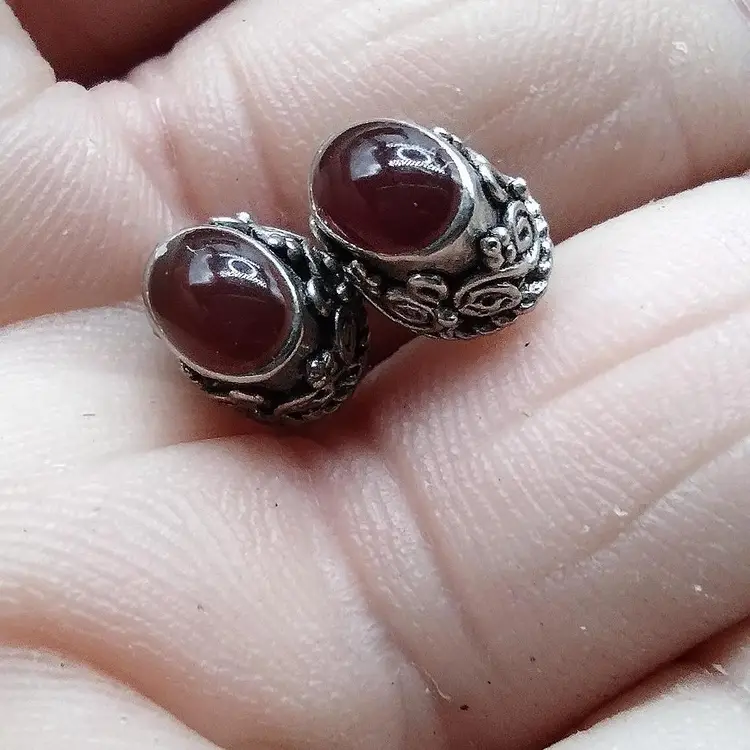 Vintage Sterling Silver 925  Carnelian Color Earrings Oval Studs Scroll Work