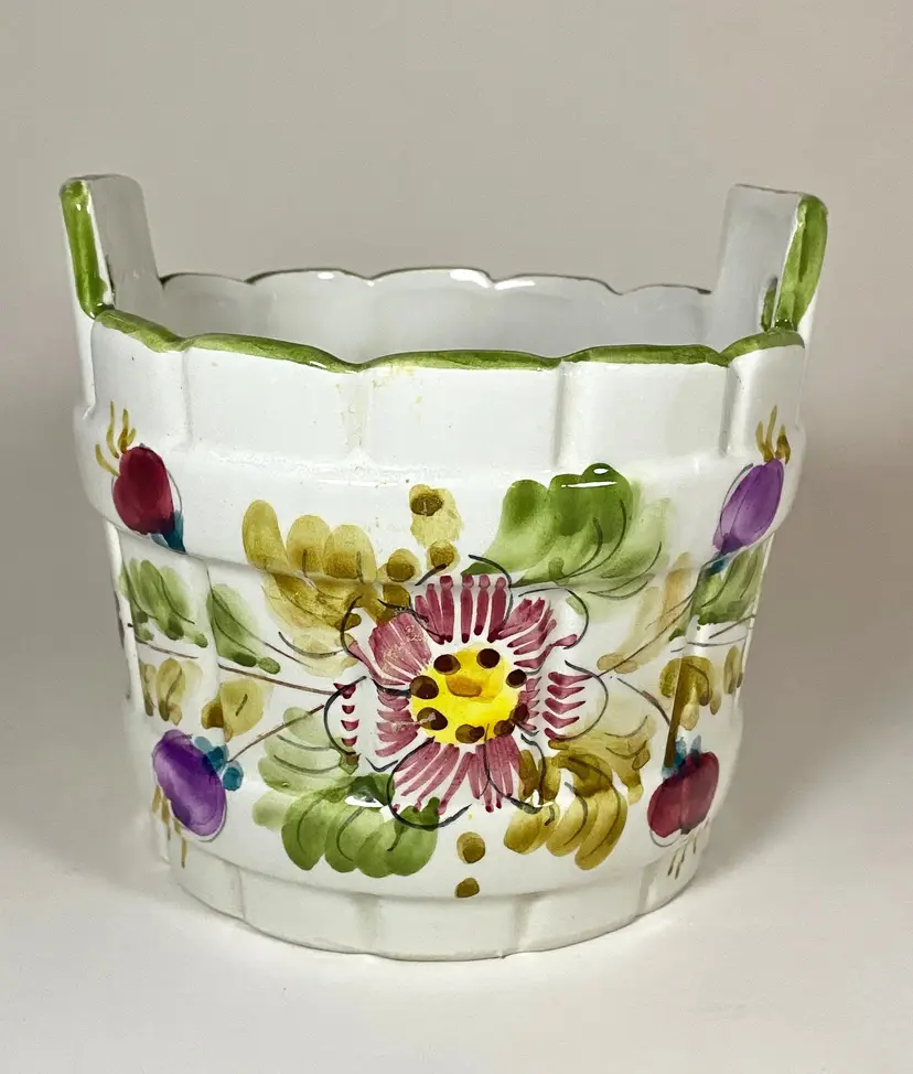 Floral Ceramic Vase, Bowl, Planter Hand Painted in Italy