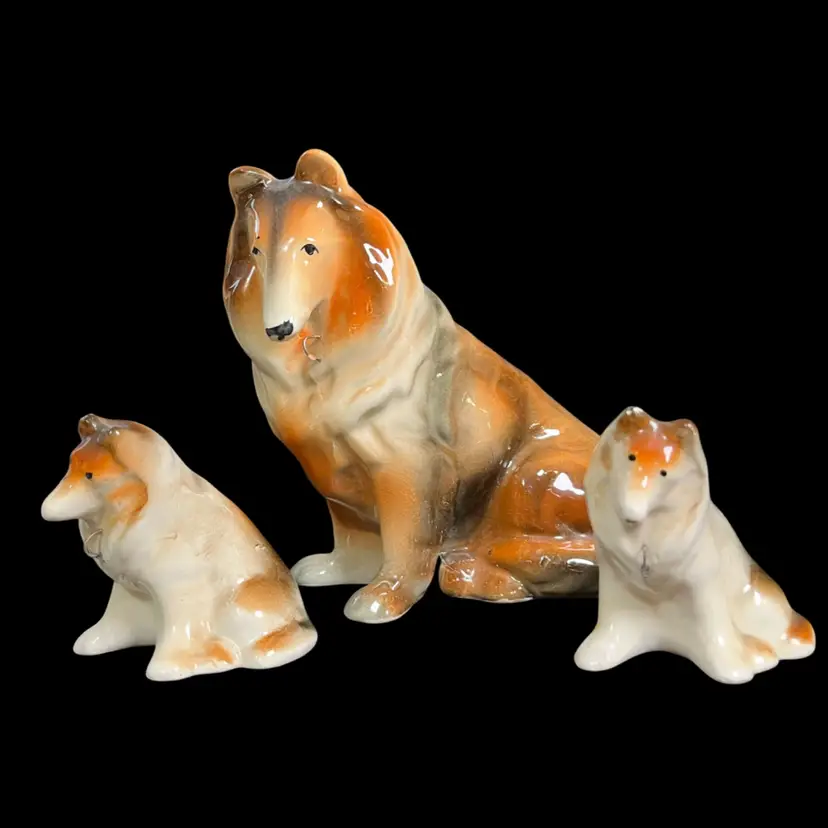 Porcelain MaMa Collie w/ Her Two Sitting Pups