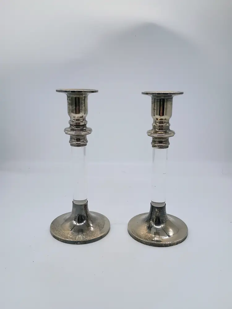 Vintage Karl Springer Designed for Lord & Taylor Silver-plate and Lucite Candlestick Holders Pair.