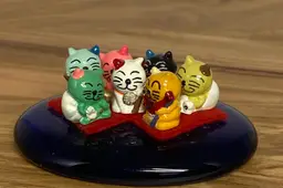 Set of Miniature Japanese Lucky Cat Figurines, aka, Maneki Neko On a Blue Glass Base
