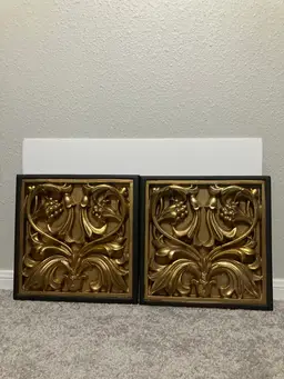 Wall Art - Syroco MCM Jacobean Design Metallic Gold Black Framing 15”x15” Each