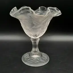 Fenton Satin Glass Inverted Strawberry Pedestal Compote Ruffled Rim