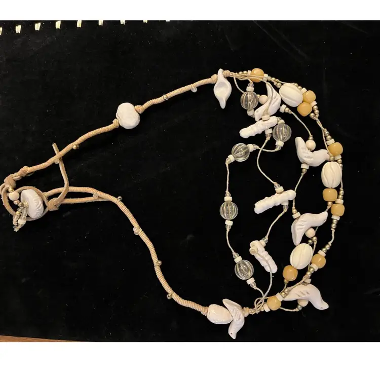 Theresa Goodall Signed- Handcrafted Necklace- 5 Strands With Ceramic Birds/beads With Glass And Metal Beads On Leather Wrapped Cord- Toggle Closure- 15”