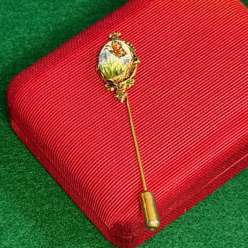 Hand Painted Monarch Butterfly & Florals Stick Pin Signed Gold Tone