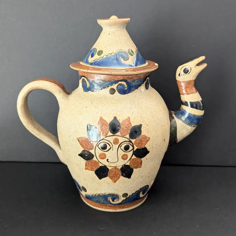 Vintage Jose  Bernabe Mexican Tonala Pottery Teapot Sun Face & Bird Design READ