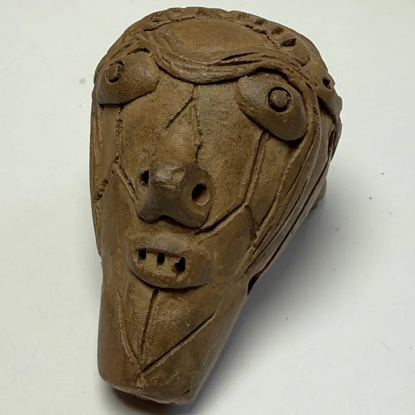 Vintage Terracotta Clay Ocarina Flute Wind Instrument Two Face Human Columbian.