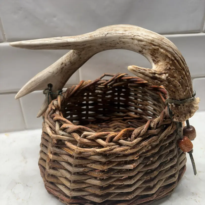 Vintage Handwoven Twig Basket with Real Deer Antler Handle Rustic Cabin Lodge