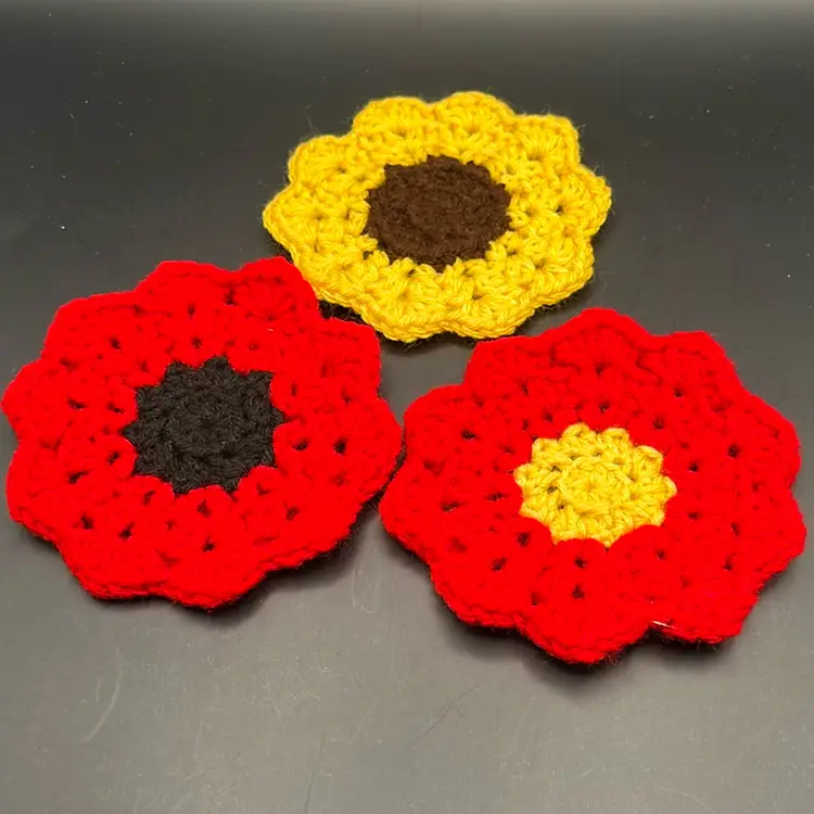 Handmade Crochet Flower Coaster Set of Four Sunflower Poppy Poinsettia