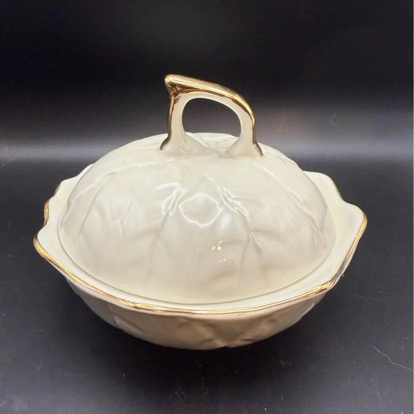 Cream Ceramic Covered Vegetable Bowl with Embossed Leaves and Gold Trim