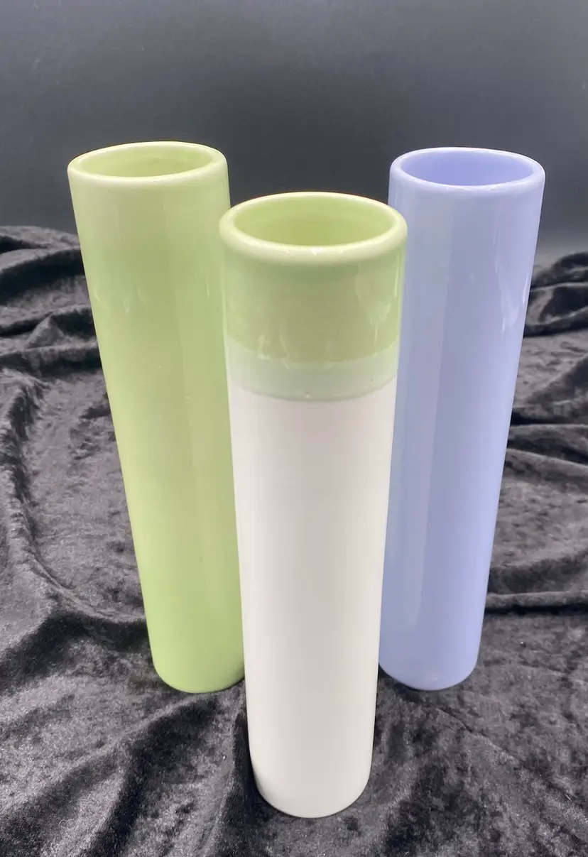 3 Pastel Ceramic Cylinder Vases, Mint Green, Lilac, Green to Off-White