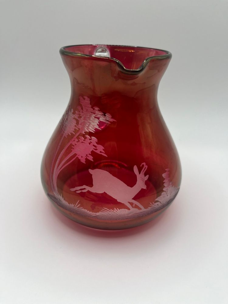 Cranberry Glass Pitcher Mary Gregory Style Deer Trees