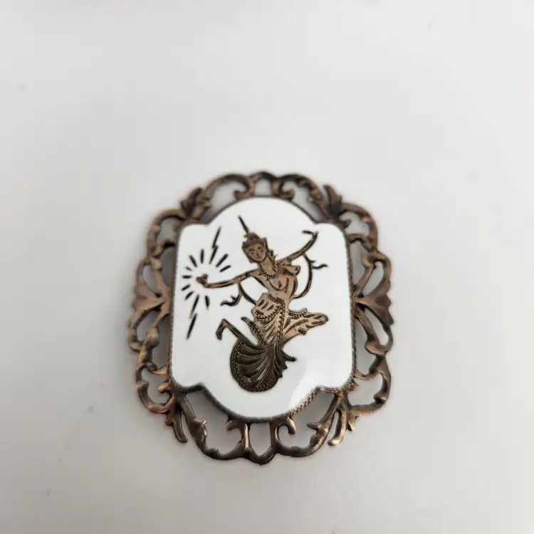 VINTAGE SIAM STERLING SILVER NIELLO DANCER GODDESS 1.5" OVAL FILIGREE BROOCH PIN