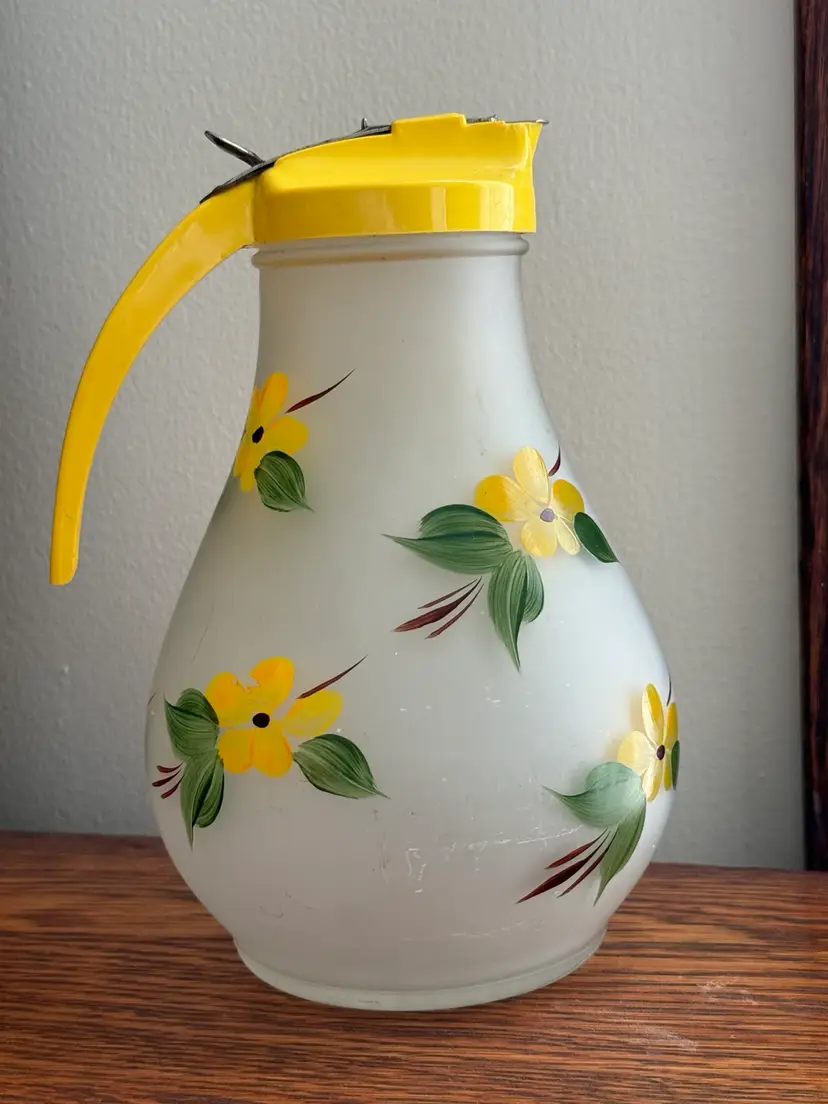 Dripcut Clear Frosted Glass Batter Pitcher With Hand Painted Yellow Flowers 
