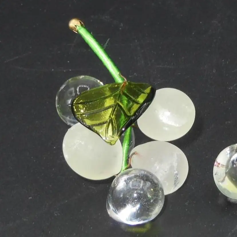 Murano Glass Hand Made Solid Frosted and Clear Glass, 6 Grape Clusters, Made in Italy, With Green Glass Leaves