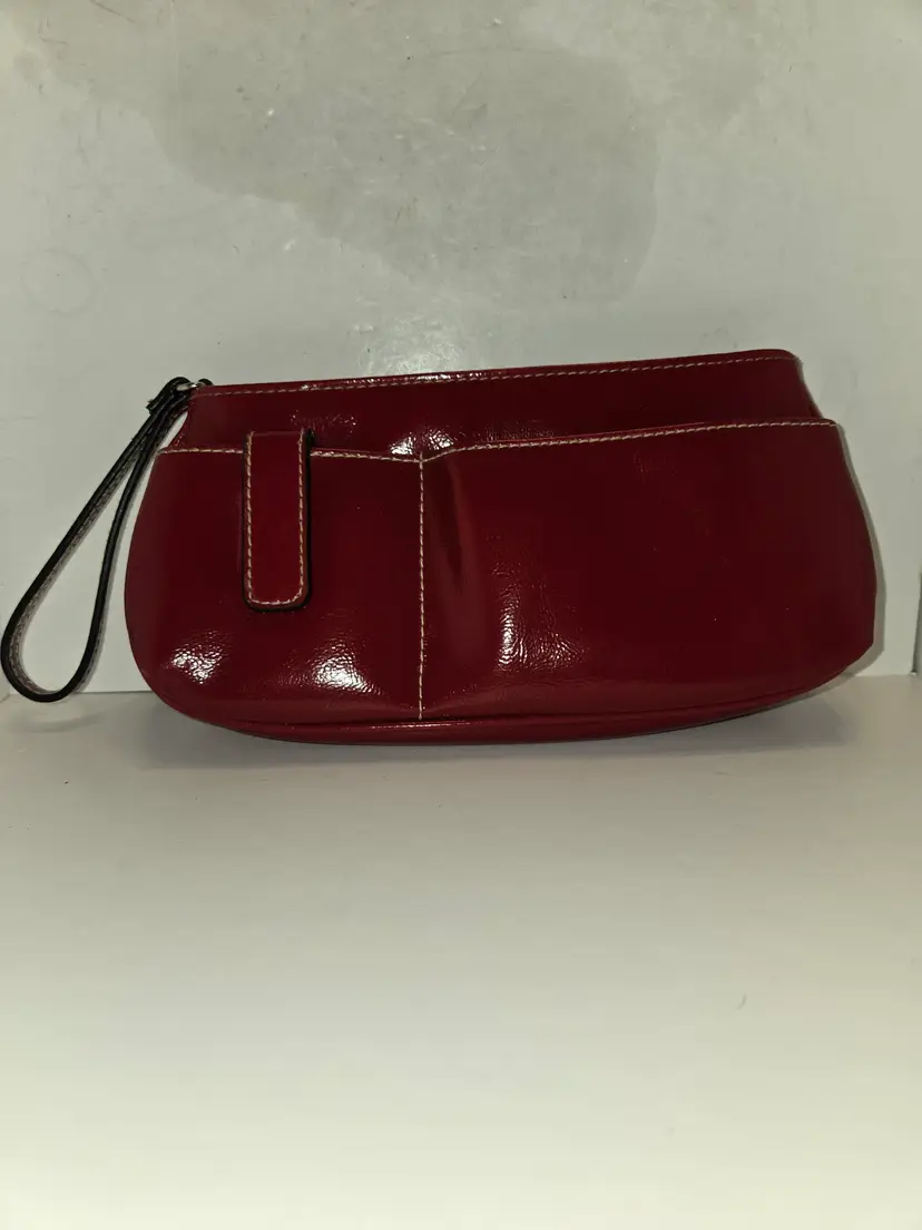 Red Faux Leather Pouch Bag Wristlet Double Zipper