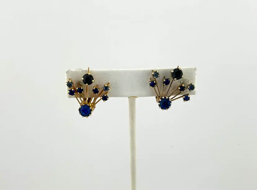 Vintage Signed Austrian Gold Tone Blue Crystal Shooting Star Clip-on Earrings 1”