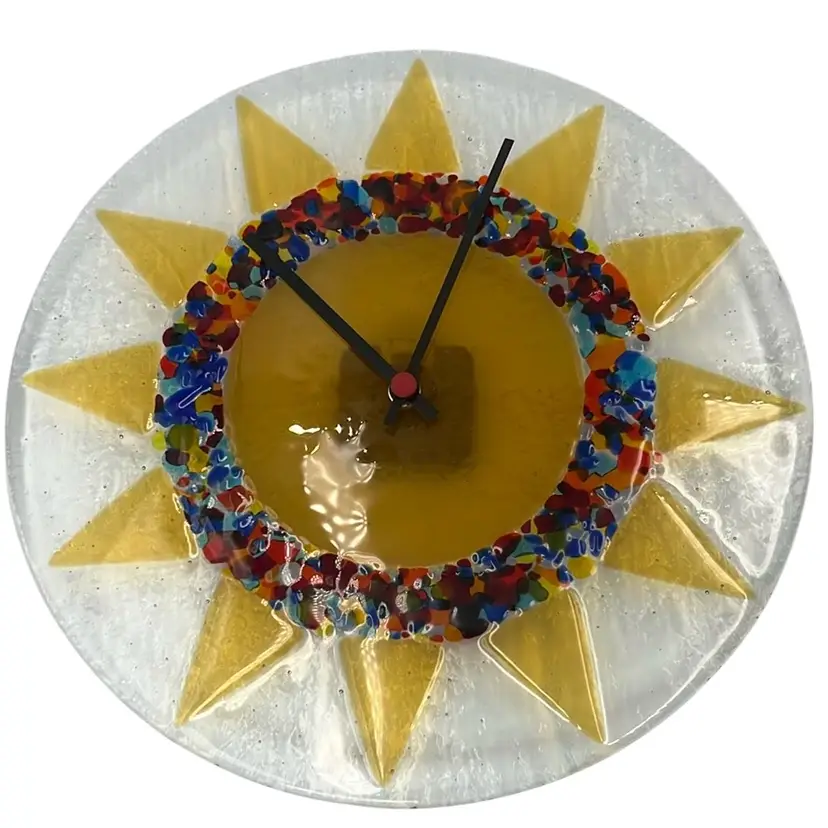 Fused Celestial Glass Sun Wall Clock 12.5”