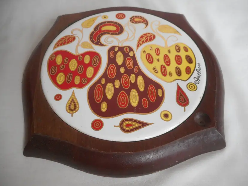 Fred Press Mid Century Modern Wood & Tile Trivet Fruit Design hand carved