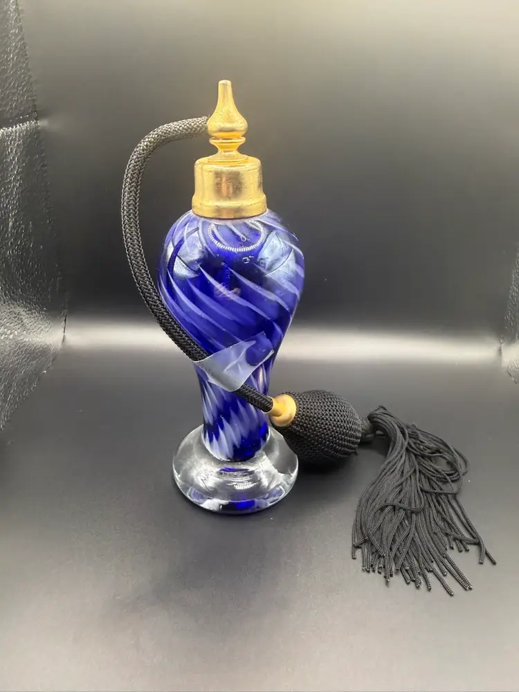 Vintage 7" Blue Art Glass Perfume Bottle Spray Atomizer Empty