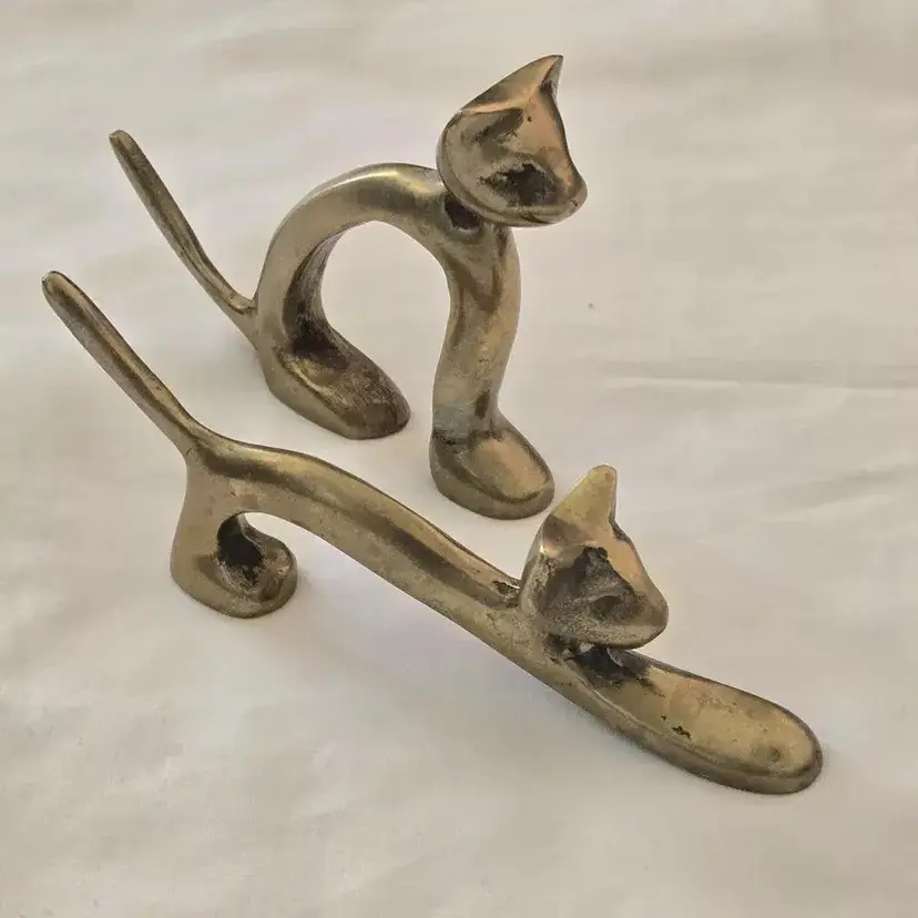 Brass Cat Figurines Mid-Century Metal Sculptures Hagenauer Style Set Of 2 Sizes