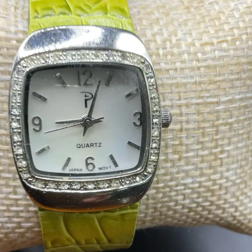 P Lady Clear Rhinestone Green / Avocado Green Leather Watch