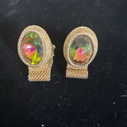 Vtg.60's MCM Gold Tone Mesh Cufflinks Faceted Oval Watermelon Rivoli Glass 1.5”