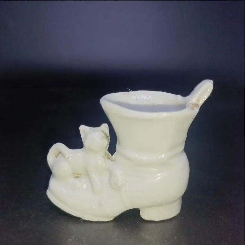Antique Faring 1800s White Porcelain Cat on boot 24k highlights