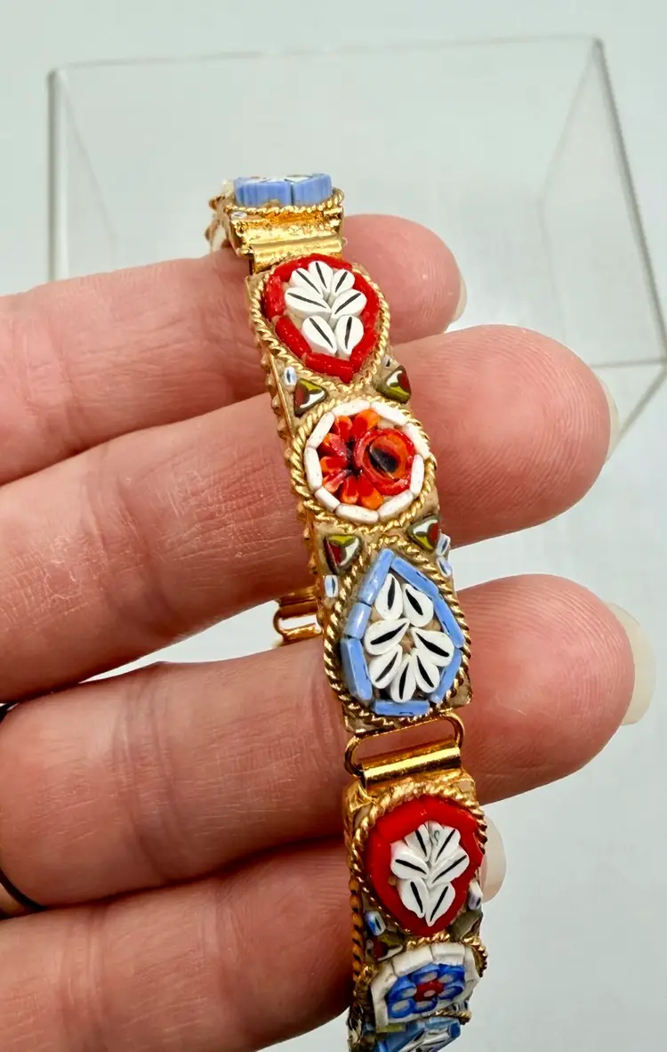 VTG 7.5" Micro Mosaic Millefiori 5-Link Bracelet-Flower Design-Gold Tone Band