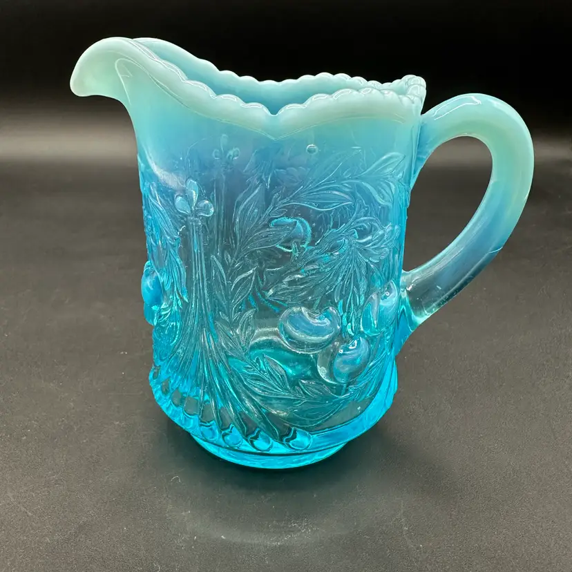 Vintage LG Wright Aqua Opalescent Crested Cherries On Wreaths Miniature Pitcher, UV Reactive 4.5”T 3.25”D 5.25”W