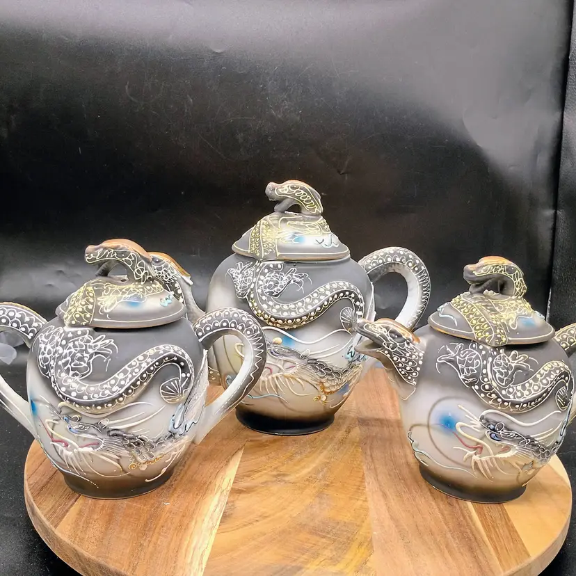 Vintage Ritz Black Moriage Dragonware Tea Pot Creamer and Sugar with Lids 1930's