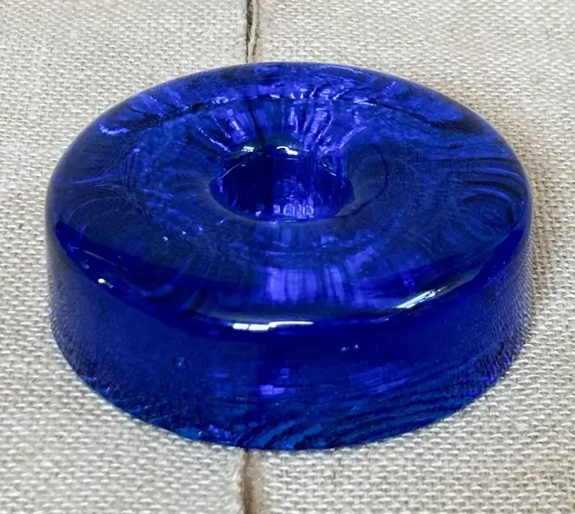 Art Glass Cobalt Blue Round Thick Puck Candle Holder Paperweight Textured Base