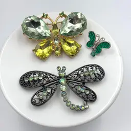 Green Set Of 3 Costume Brooches Dragonfly & 2 Butterflies