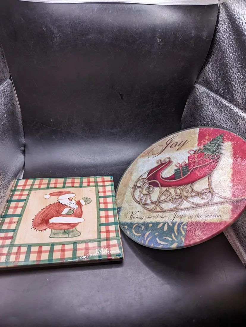 Vintage Lot of 2 Holiday Tile Trivets Santa and Sleigh Design