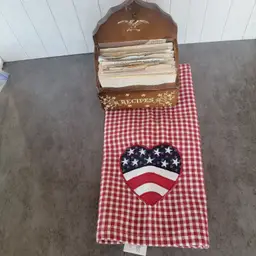 #01 - Wood Wall Mount Manchester Wood Handcrafted Recipe Box With Brass Eagle Jam Packed With Recipes & Patriotic Dish Towel