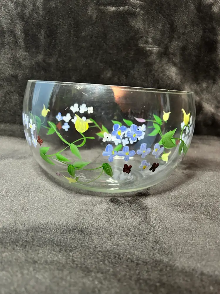 Hand Painted Flower Glass Bowl.                        10”W By 6 “ H