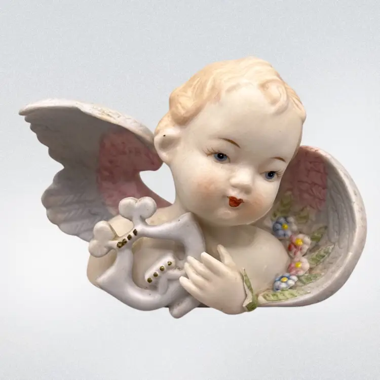 Vintage Lefton Hand Painted Bisque Angel Cherub Figurines Busts Christmas Japan