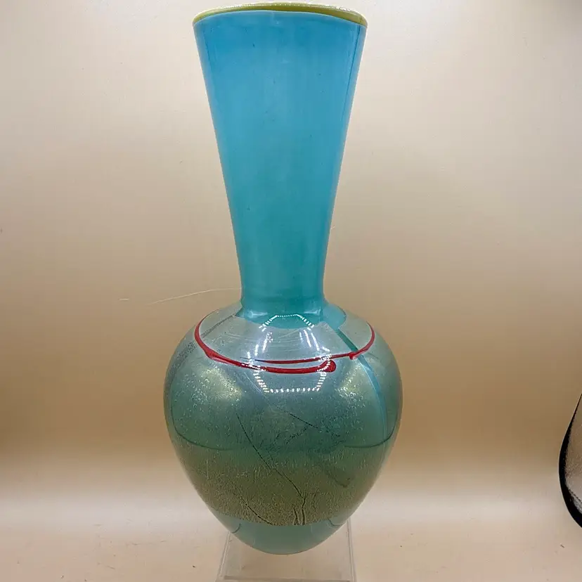 #01 Signed Studio Paran 2007 Art Glass Teal With Gold Leaf And Red Ribbon Vase 11.5”