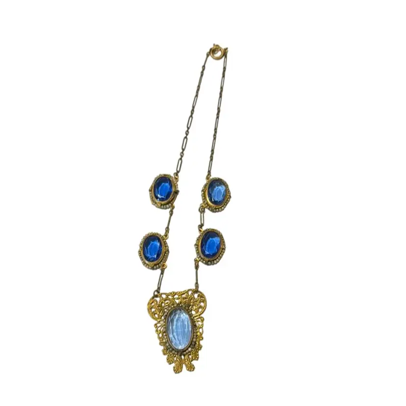 N is for Necklace - Antique Art Deco Czech Blue Faceted Glass & Seed Pearls Goldtone Necklace - 16”