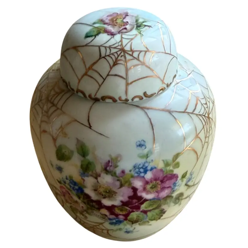 Rosenthal lidded urn or ginger jar featuring a distinctive hand-painted floral design covered by a fine gold spiderweb motif