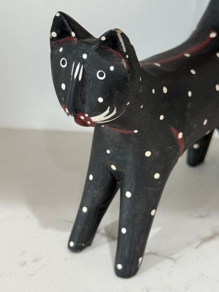 Hand Carved Wooden Black Polka Dot Cat 13”
