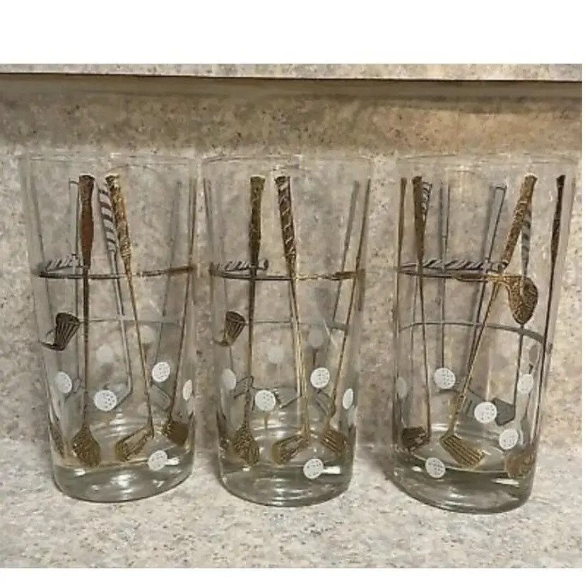 Vintage Georges Briard Glasses Golf Pattern 22k Gold Ser Of 3