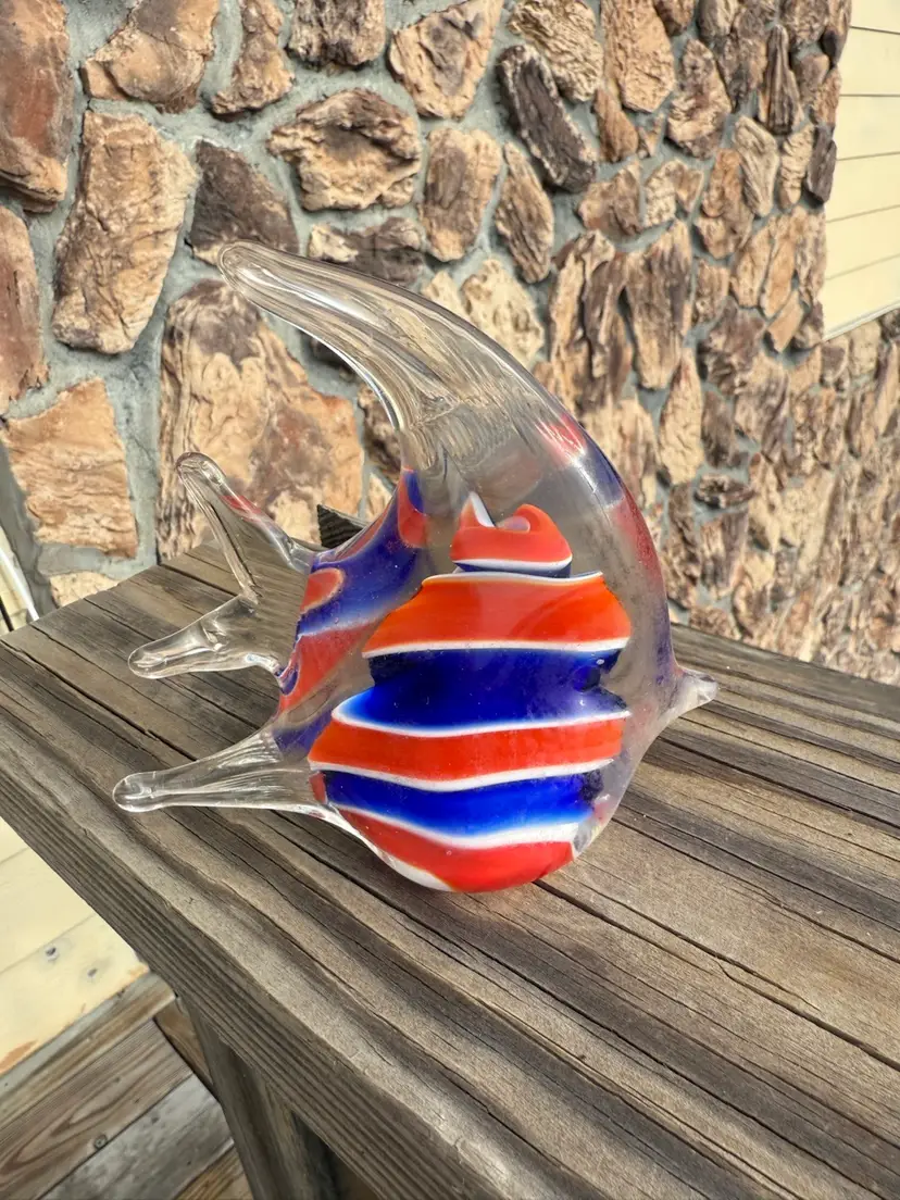 Modern Art Glass Angel Fish  Red, White & Blue Stripes