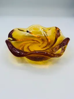 MCM Fenton Honey Dark Amber Freeform Swirl Thick Glass Stylized Flower Dish Tray