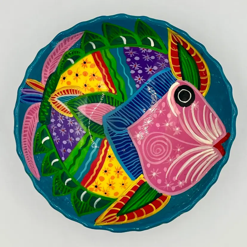 Guerrero Hand Painted 8” Fish Bowl Mexican Pottery Footed Colorful Blue Pink