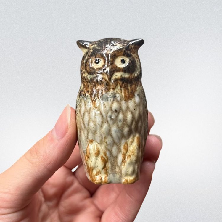 Ceramic Owl Figurine, Ceramic Owl Miniature Figurine, Natural Brown Glaze Owl