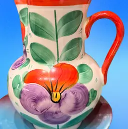 Large 8" Czech Peasant Ware Pitcher Hand Painted