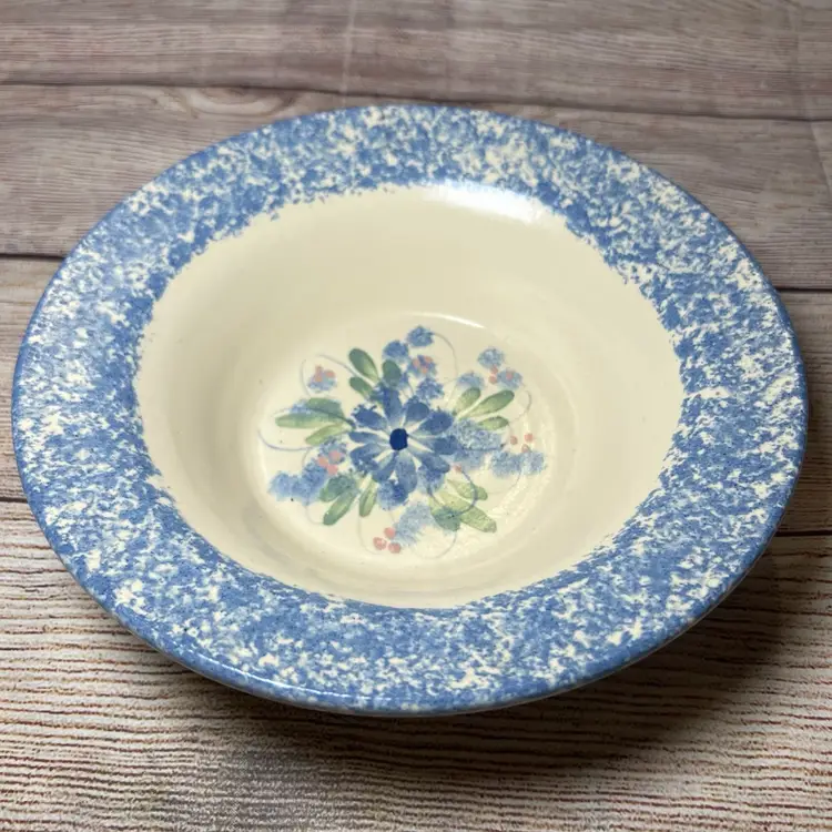 East Texas Pottery Marshall Blue Spongeware Flowers 8.5” Rimmed Bowl Serving