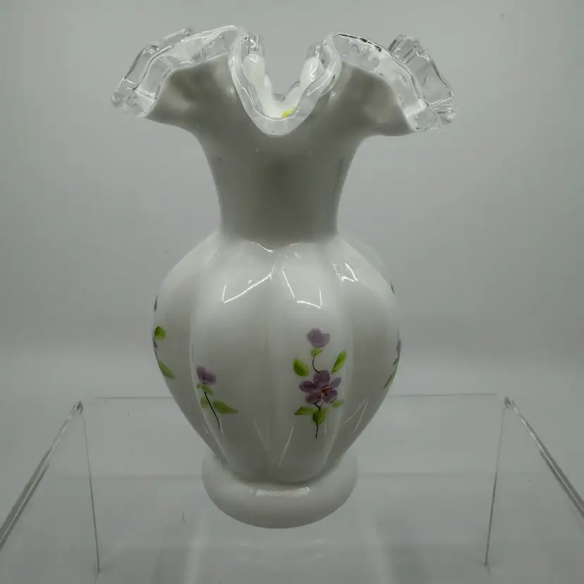 Vintage Fenton Milk Glass Violets Ruffled Silver Crest Vase Signed W Org Sticker 6”