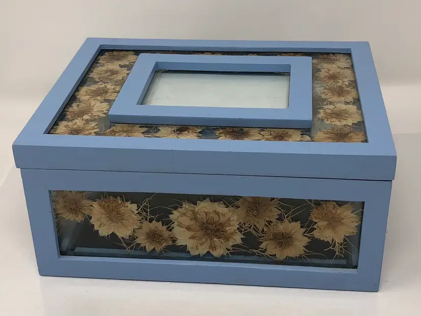 Baby Blue Wood and Glass Pressed Flower Trinket Box with Picture Window
